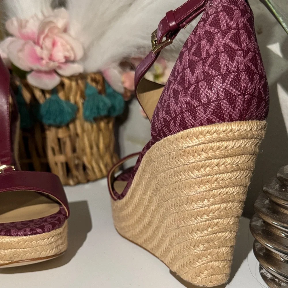 Michael Kors Burgundy and Tan Wedge Sandals - Picture 7 of 16